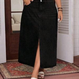 Black Midi Denim Skirt with Front Slit